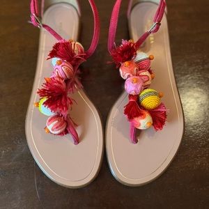 Aquazzura Firenze Pink Suede Floral Print T-Strap Sandals